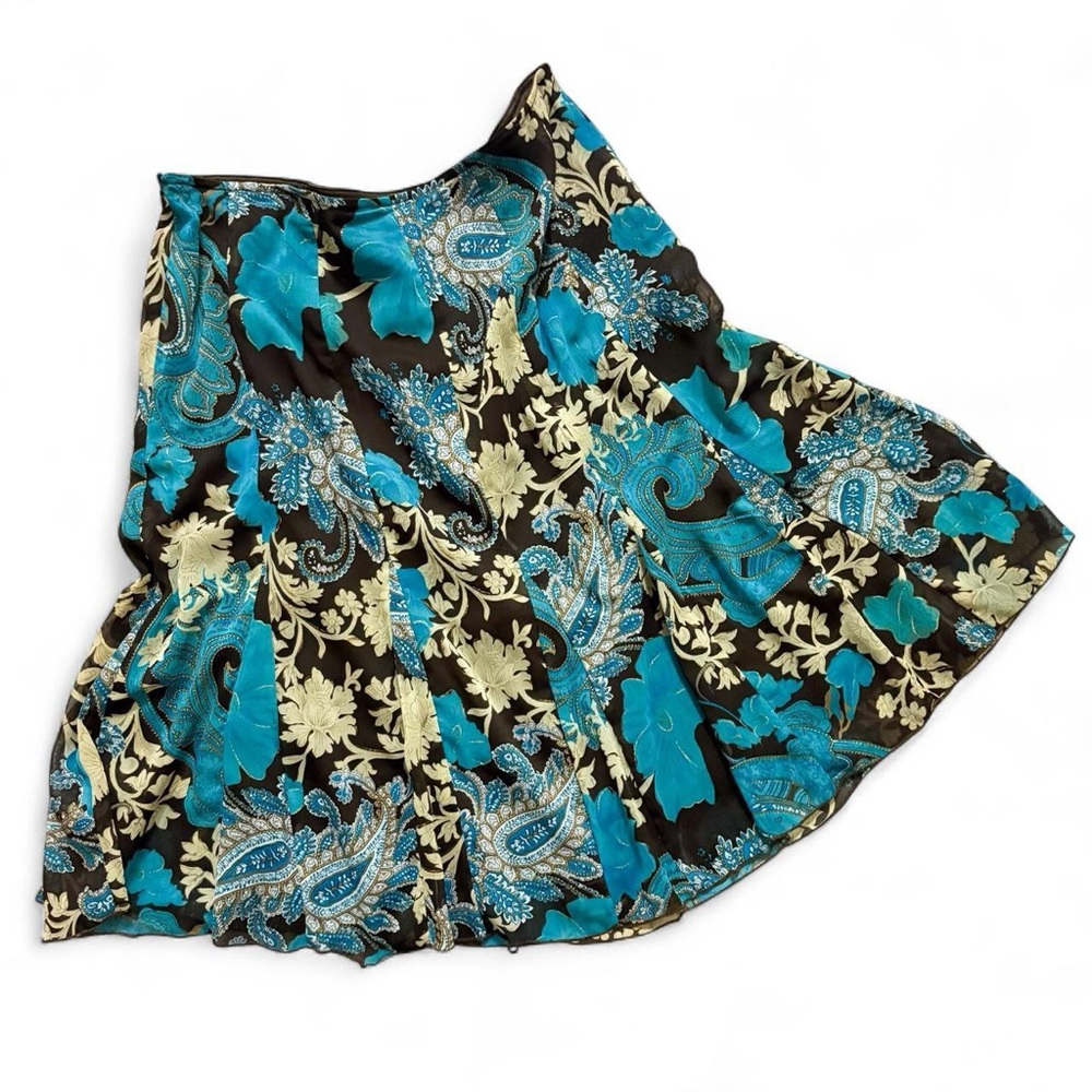 paisley floral black teal blue and light green midi length skirt